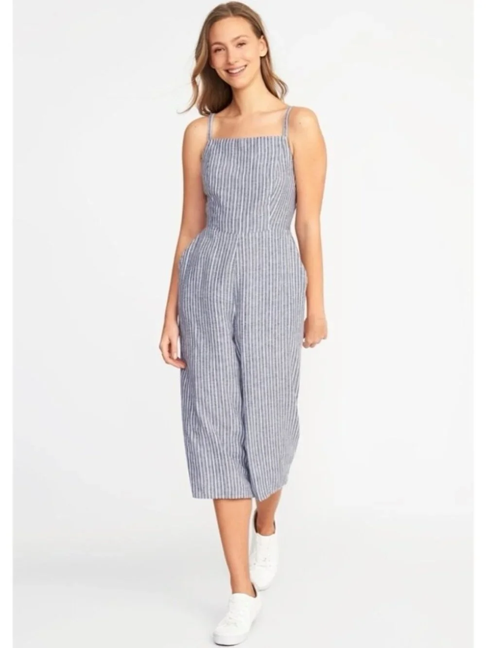Old Navy Striped Linen Blend Smocked Jumpsuit | Wide Leg | Coastal Boho | S Tall